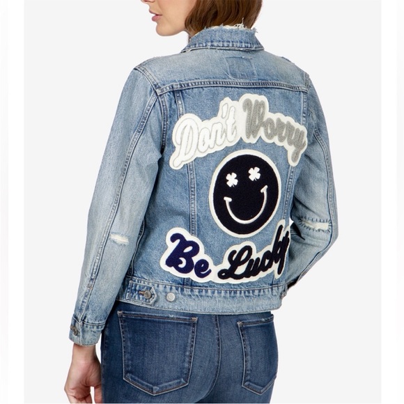 Lucky Brand Don’t Worry Be Lucky Denim Trucker Jacket Retro Medium - Picture 1 of 9